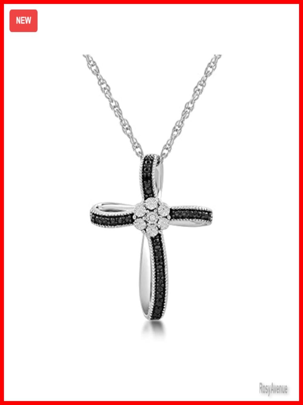 Sterling Silver Diamond Cross Pendant Necklace 18" Rope Chain